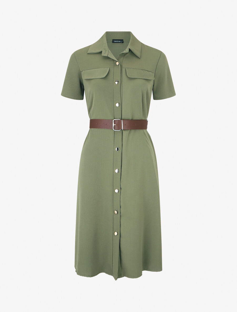 Robe chemise droite unie - Kaki - 1