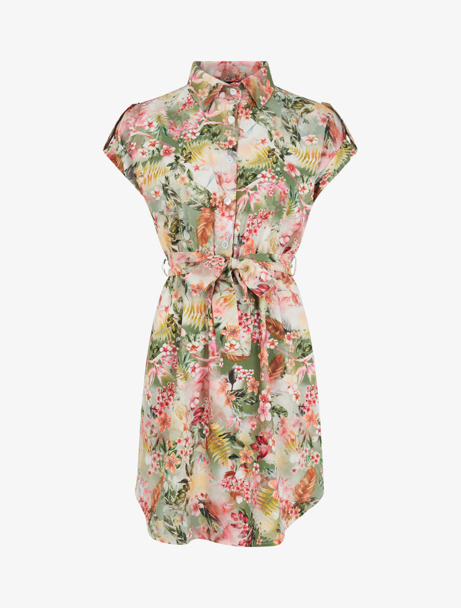 Robe patineuse imprimé fleurs des tropiques à manches courtes - Vert - 5