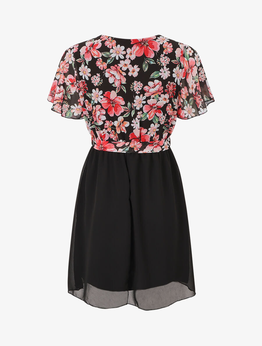 Robe courte imprimé floral col cache-coeur - Noir - 2
