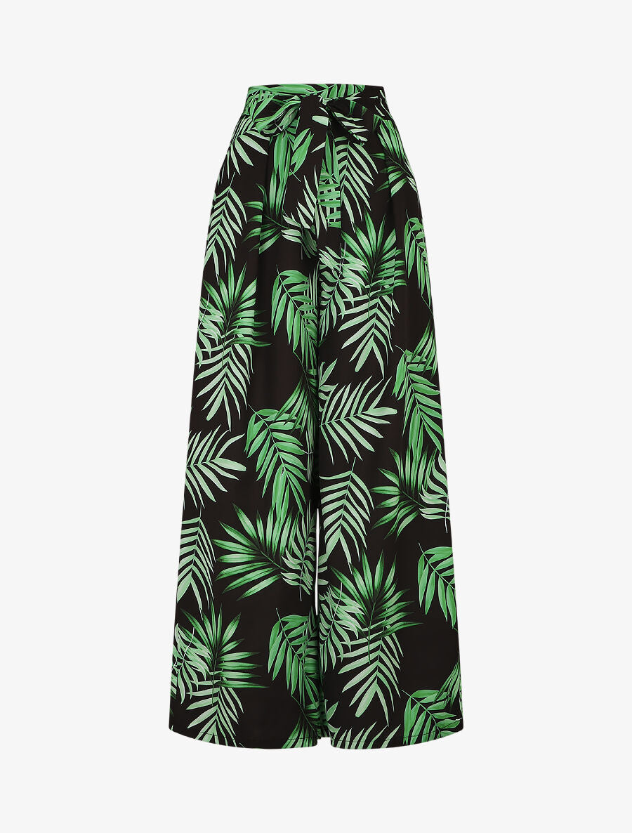 Pantalon ample taille haute imprimé tropical - Noir - 1