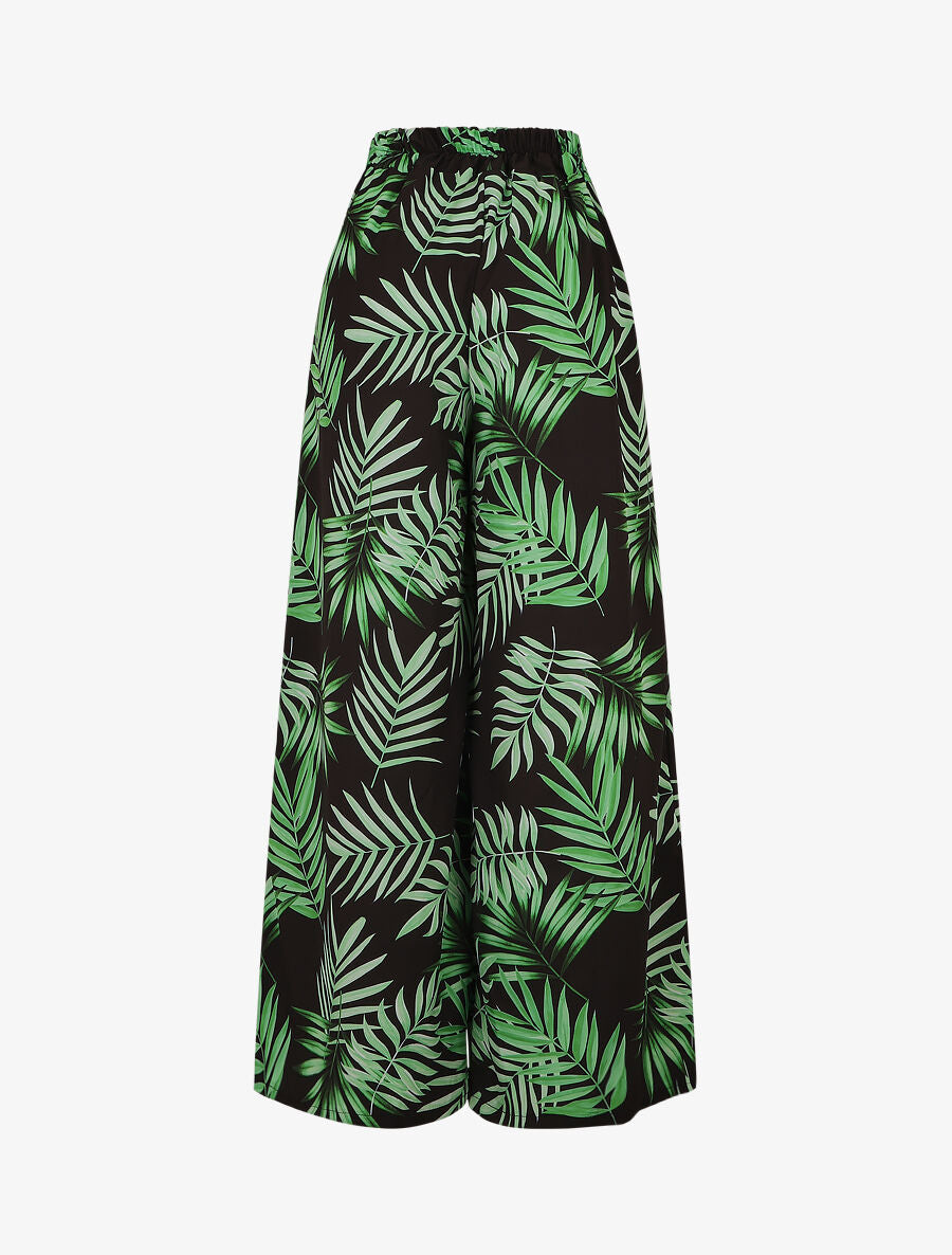 Pantalon ample taille haute imprimé tropical - Noir - 2