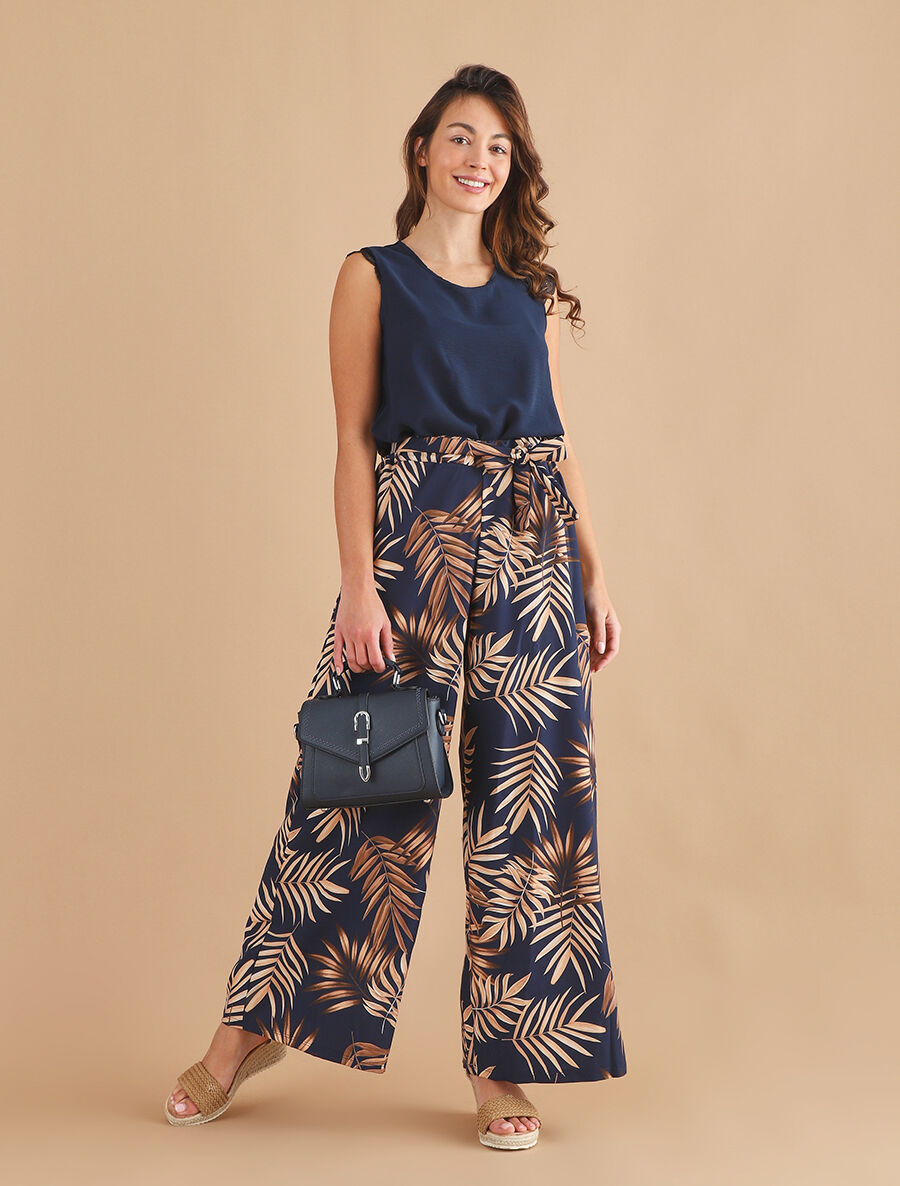 Pantalon ample taille haute imprimé tropical - Marine - 4