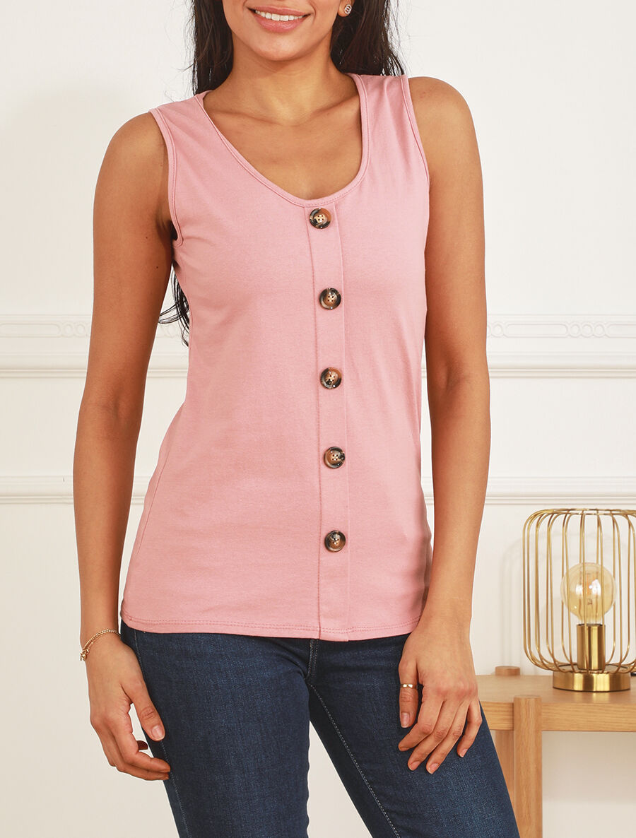 Top uni sans manches et boutons décoratifs - Vieux rose - 4