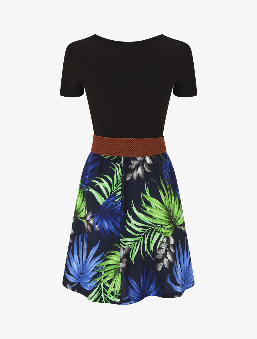Robe mi-longue à imprimé tropical - Marine - 2