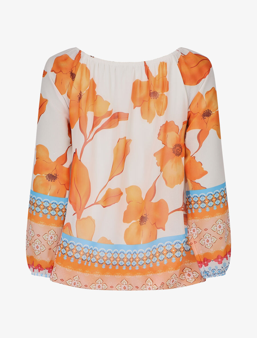 Blouse manches longues imprimé grandes fleurs - Blanc/orange - 2