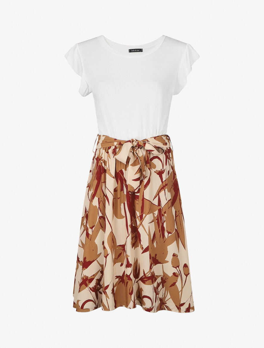 Robe évasée bi-matière imprimé graphique - Beige - 1