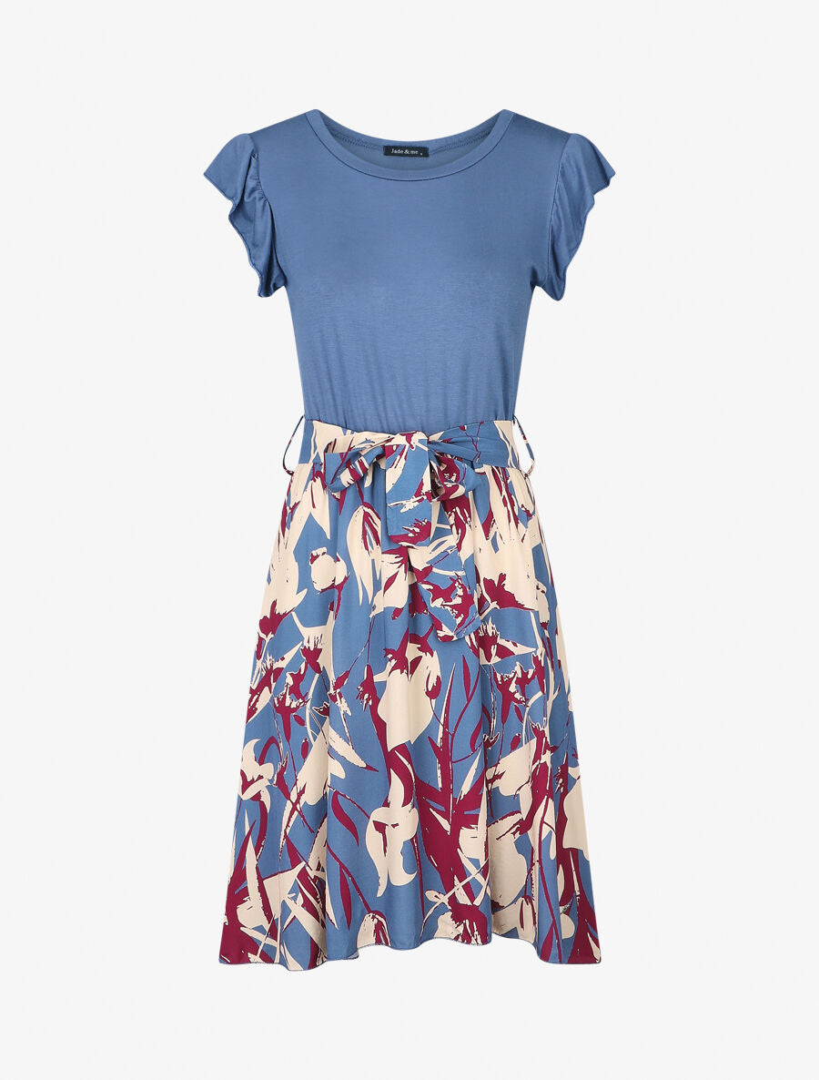 Robe évasée bi-matière imprimé graphique - Bleu - 4