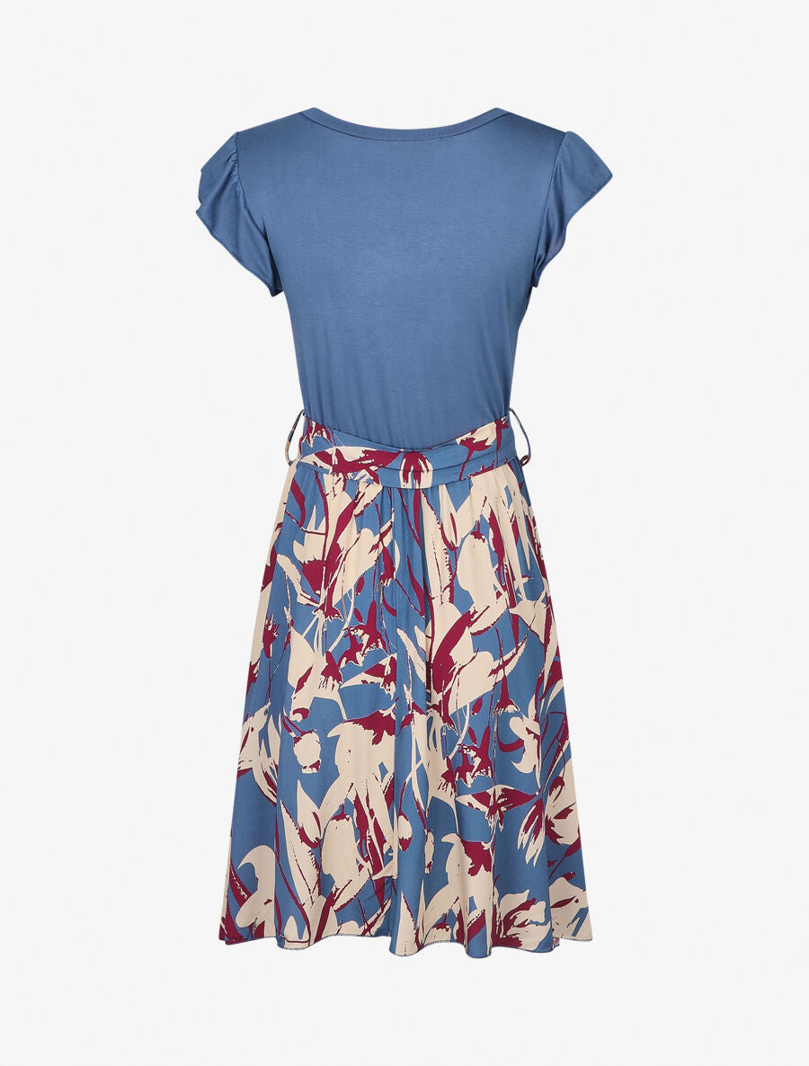 Robe évasée bi-matière imprimé graphique - Bleu - 2