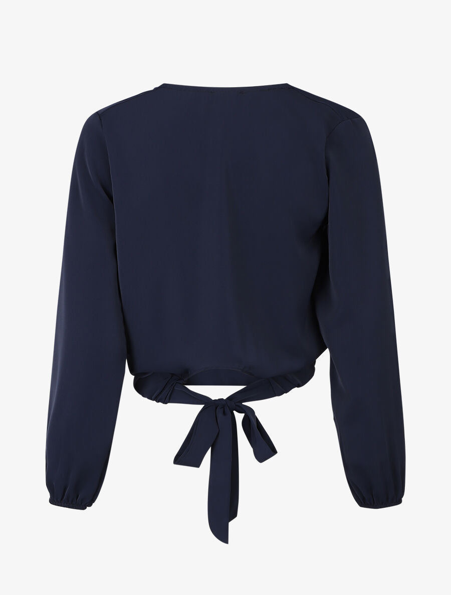 Blouse unie à col bénitier et à nouer - Marine - 2