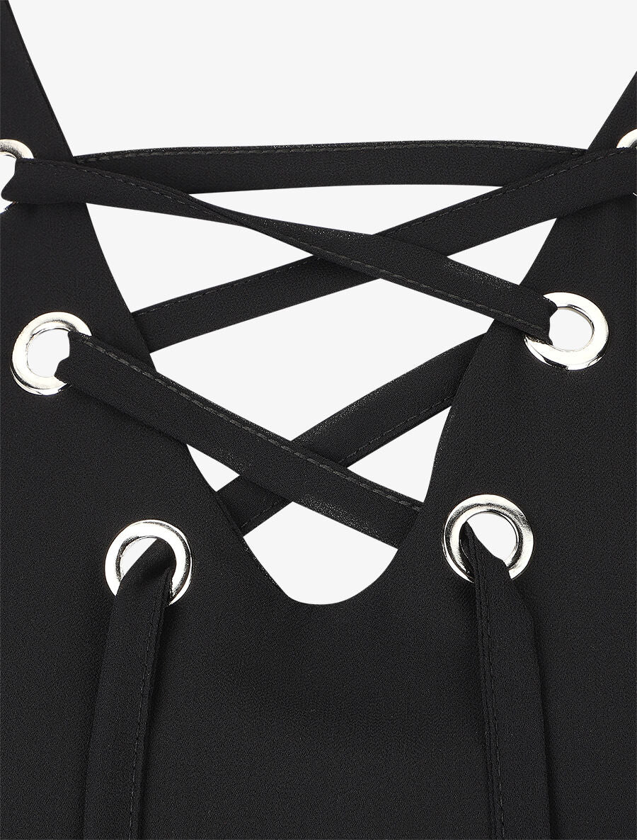 Blouse unie avec lacets - Noir - 3
