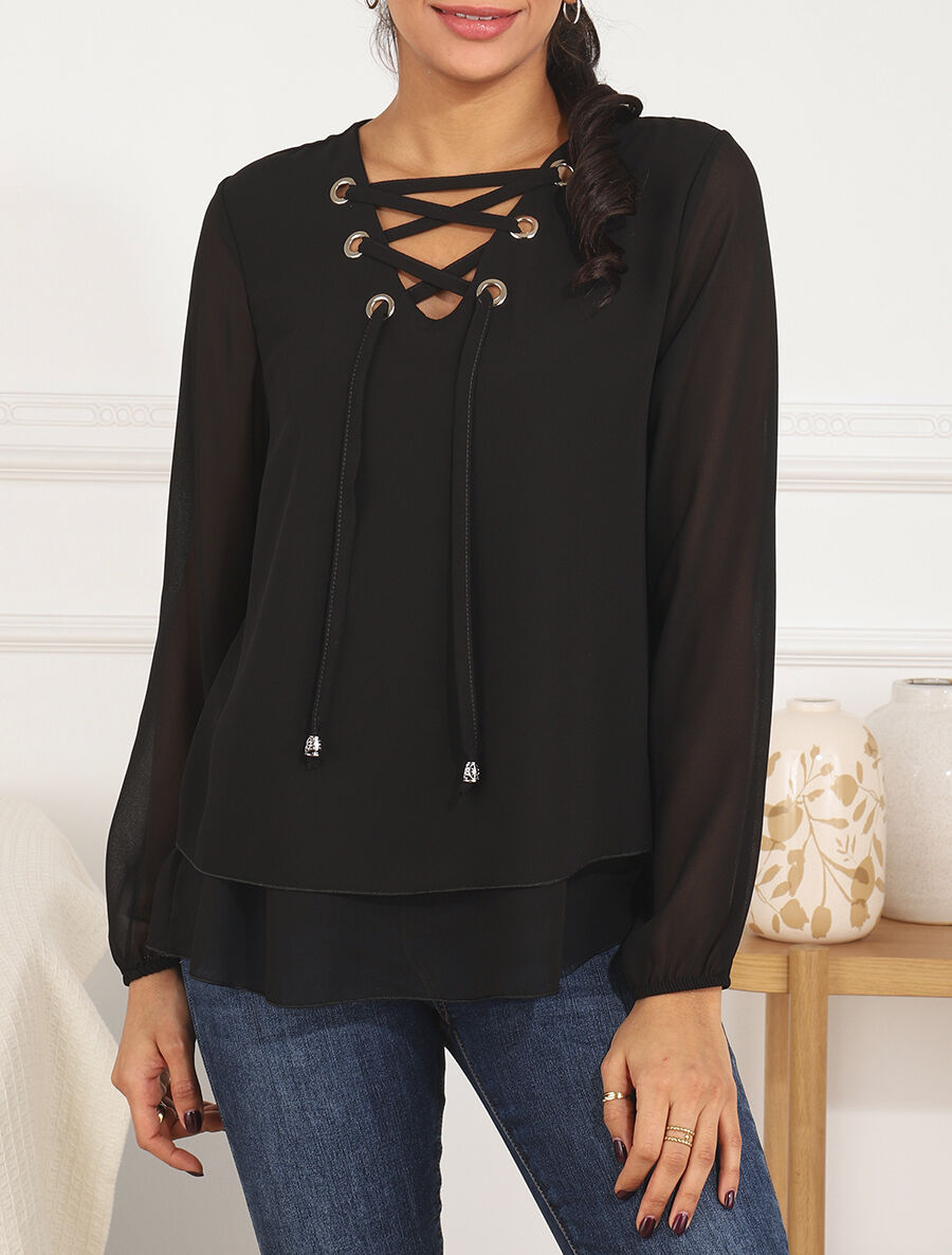 Blouse unie avec lacets - Noir - 4