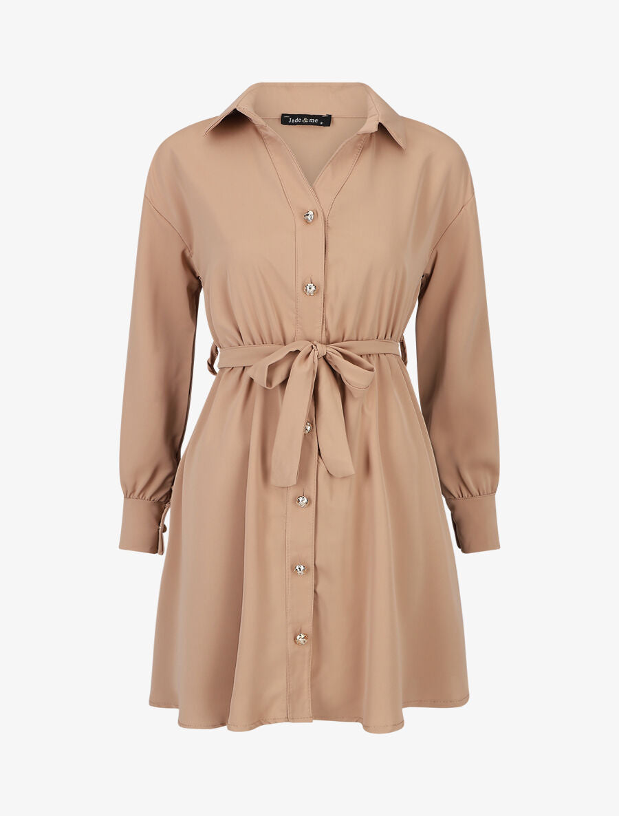 Robe chemise unie à taille élastiquée - Camel - 5