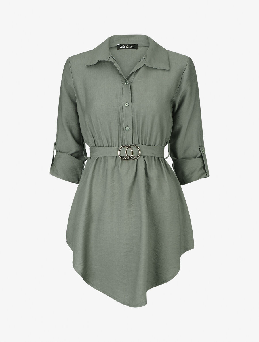 Tunique unie à manches retroussables - Kaki - 1