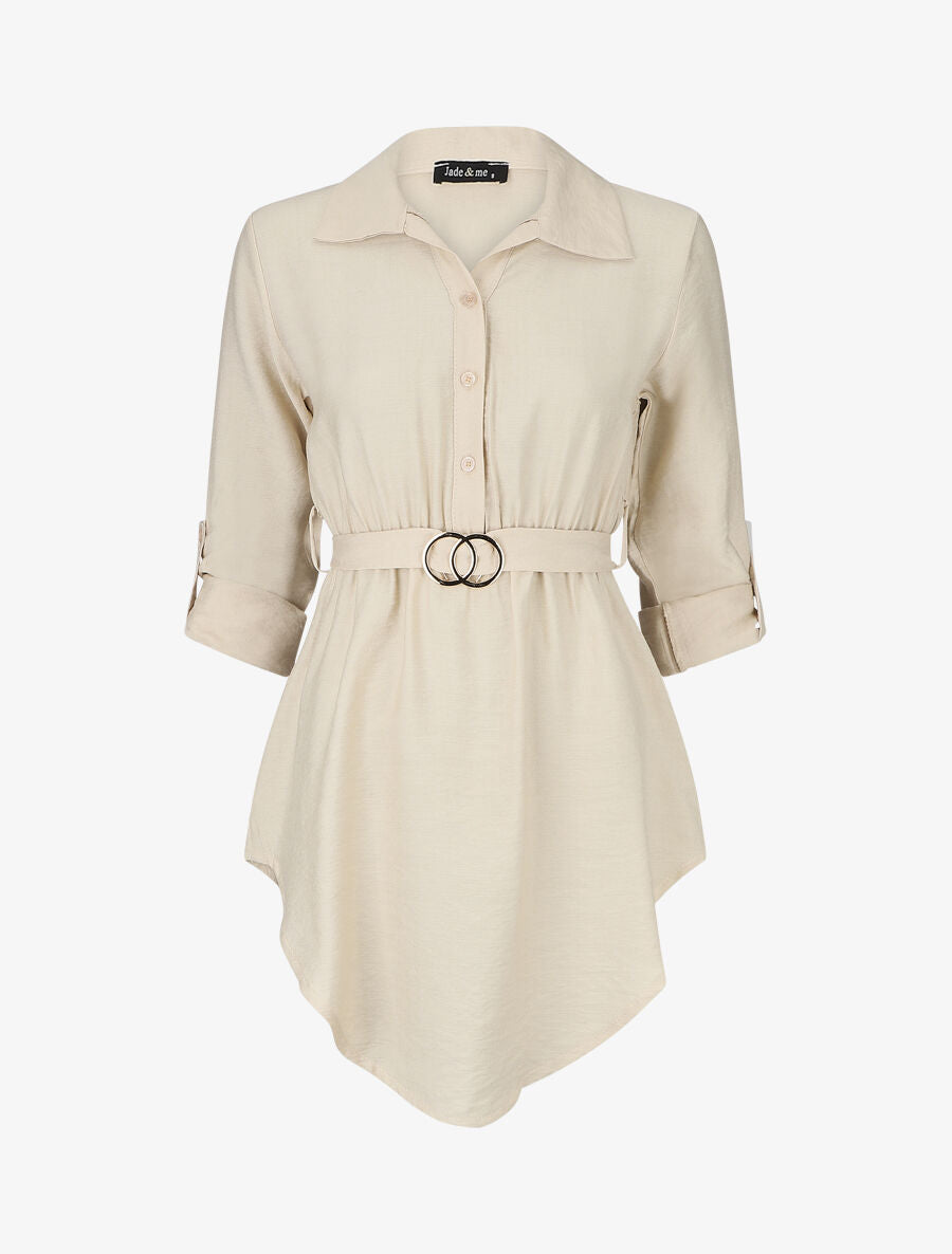 Tunique unie à manches retroussables - Beige - 5