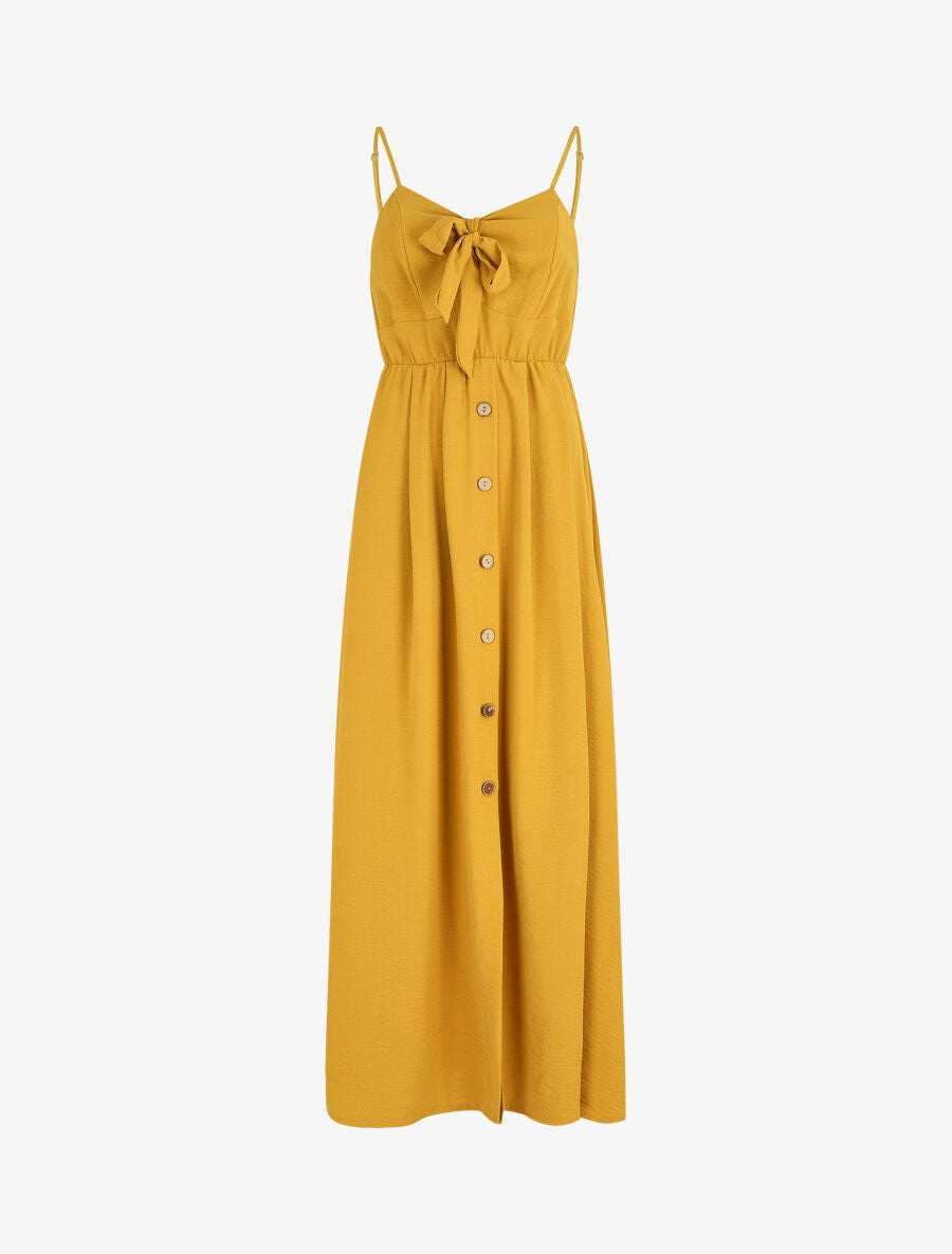 Robe longue unie boutonnée - Jaune moutarde - 1