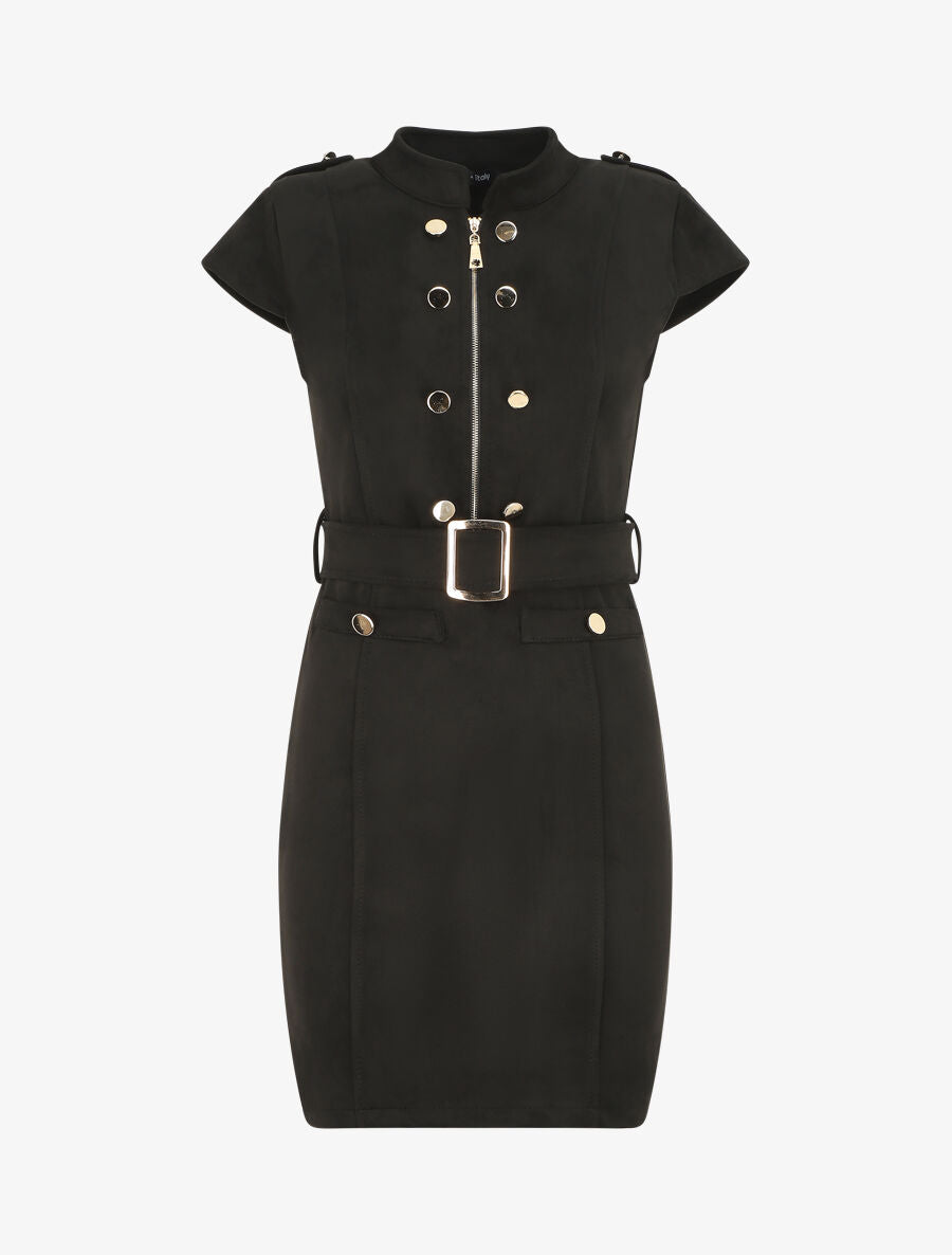 Robe courte ceinturée en suédine - Noir - 1