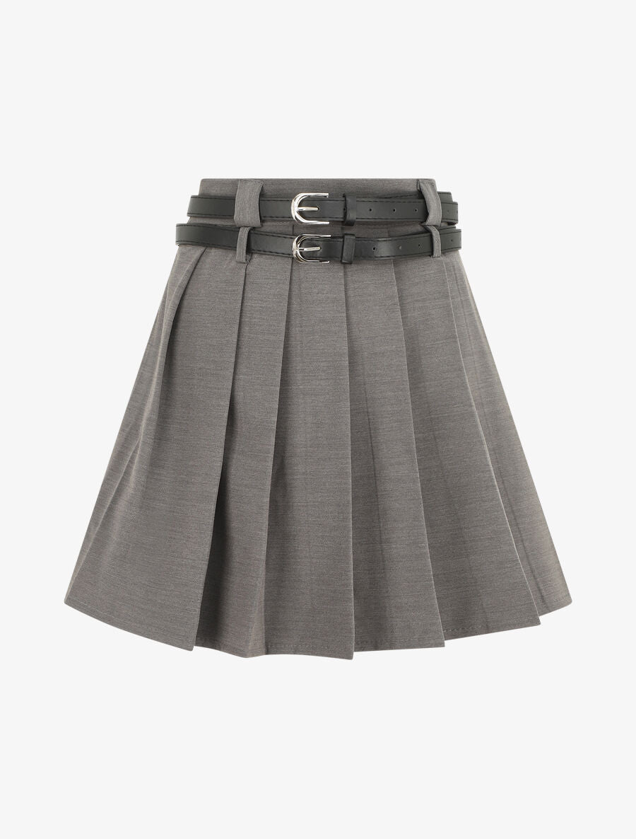 Jupe unie plissée et double passants - Gris - 1