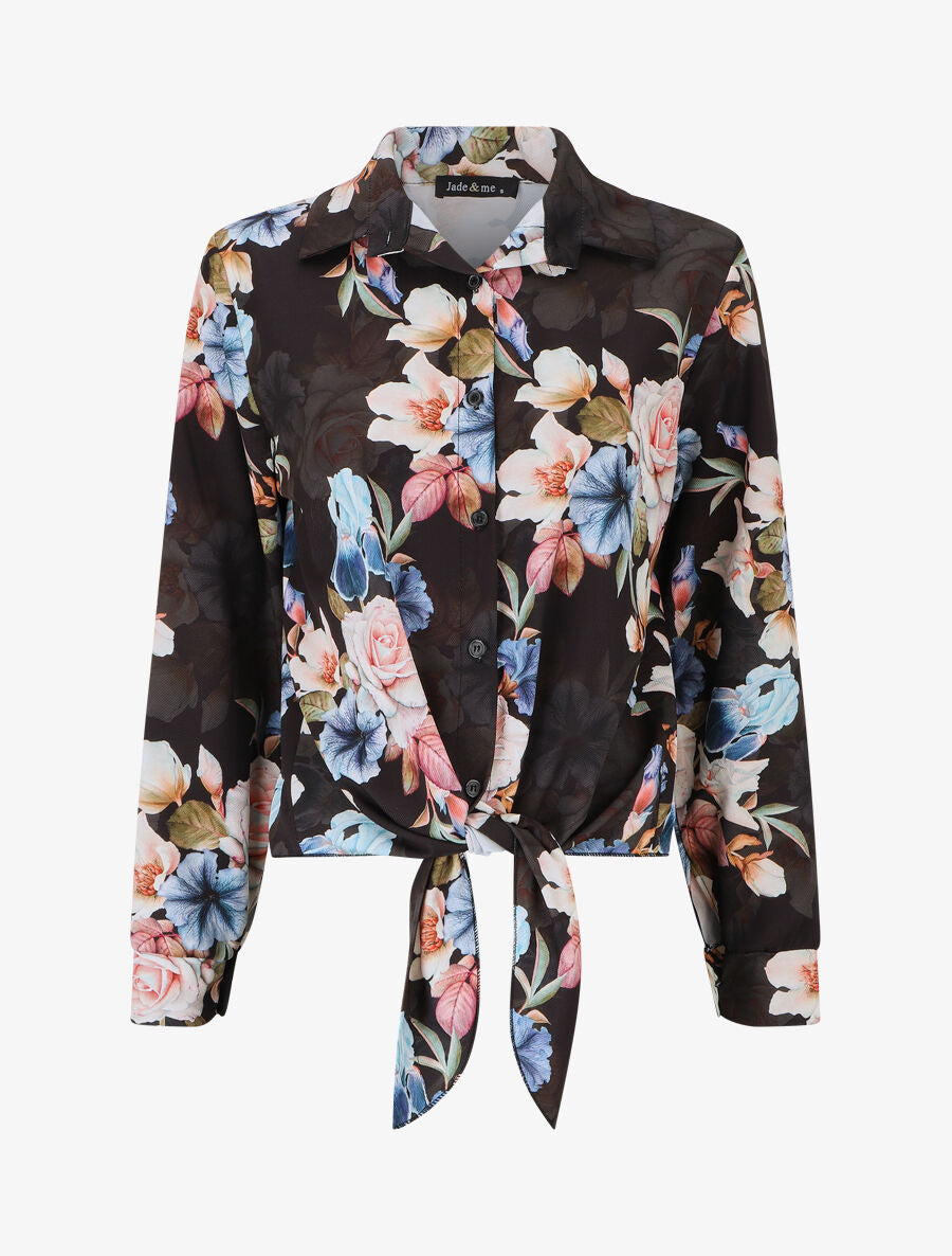 Blouse à nouer imprimé fleuri - Noir - 1