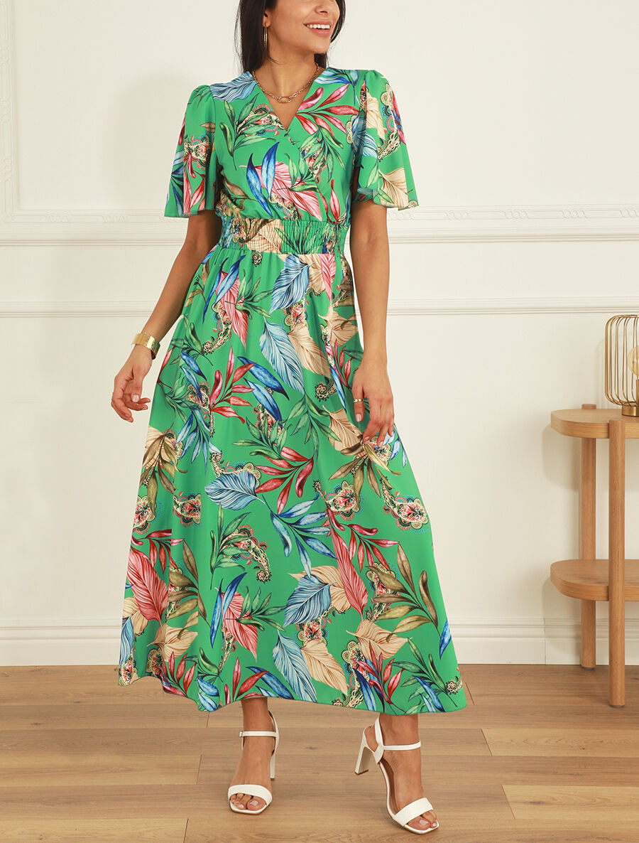 Robe longue imprimé fleuri à manches courtes - Vert - 4