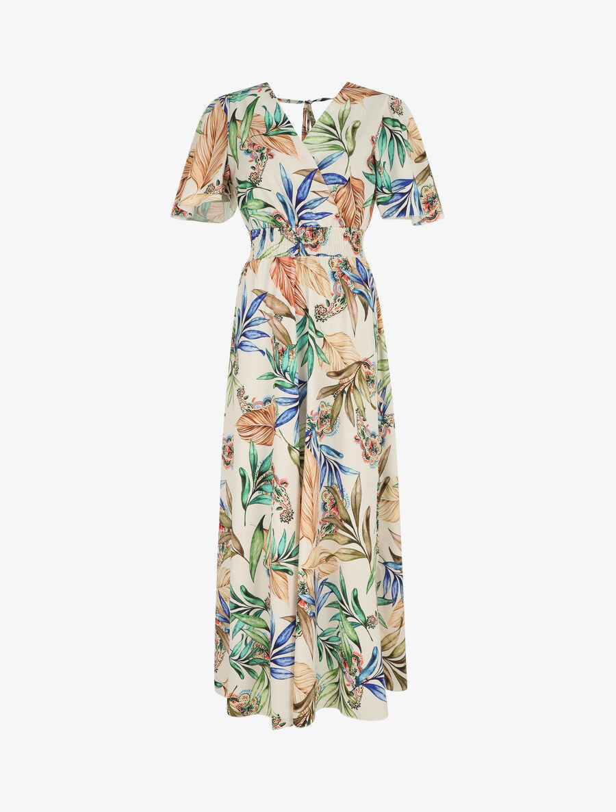 Robe longue imprimé fleuri à manches courtes - Beige - 2