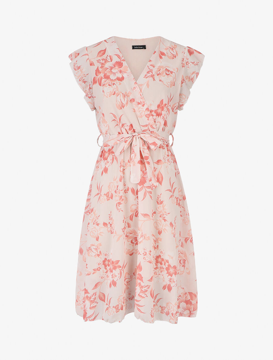 Robe à imprimé fleuri et manches courtes volantées - Beige - 5