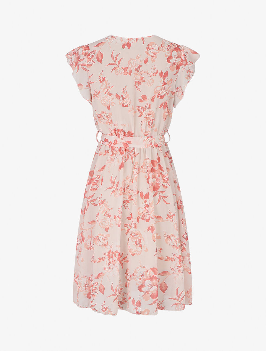 Robe à imprimé fleuri et manches courtes volantées - Beige - 2