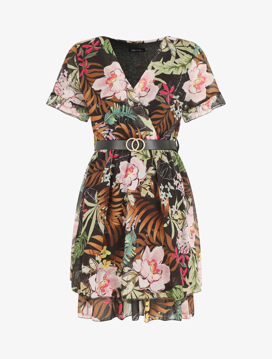 Robe évasée manches courtes imprimé fleurs tropicales - Noir - 4