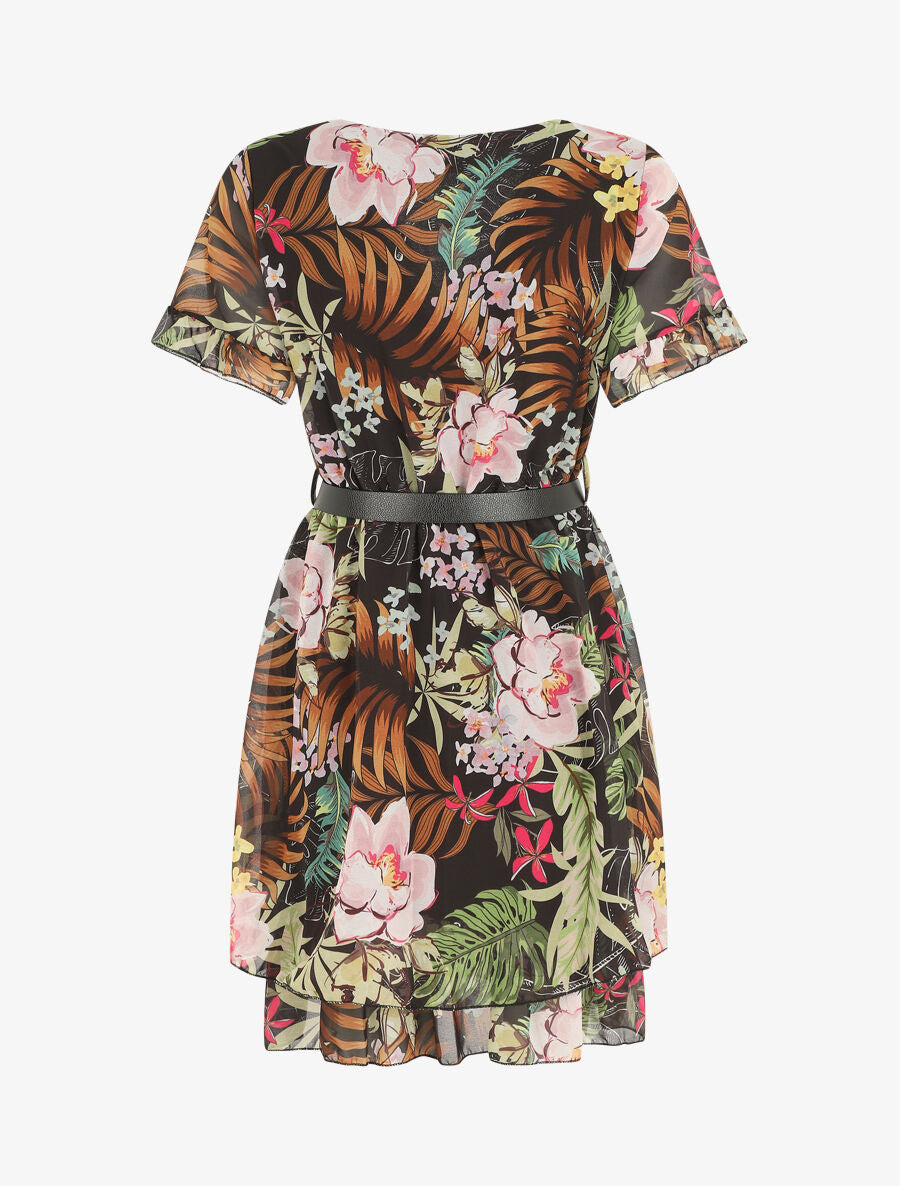 Robe évasée manches courtes imprimé fleurs tropicales - Noir - 2