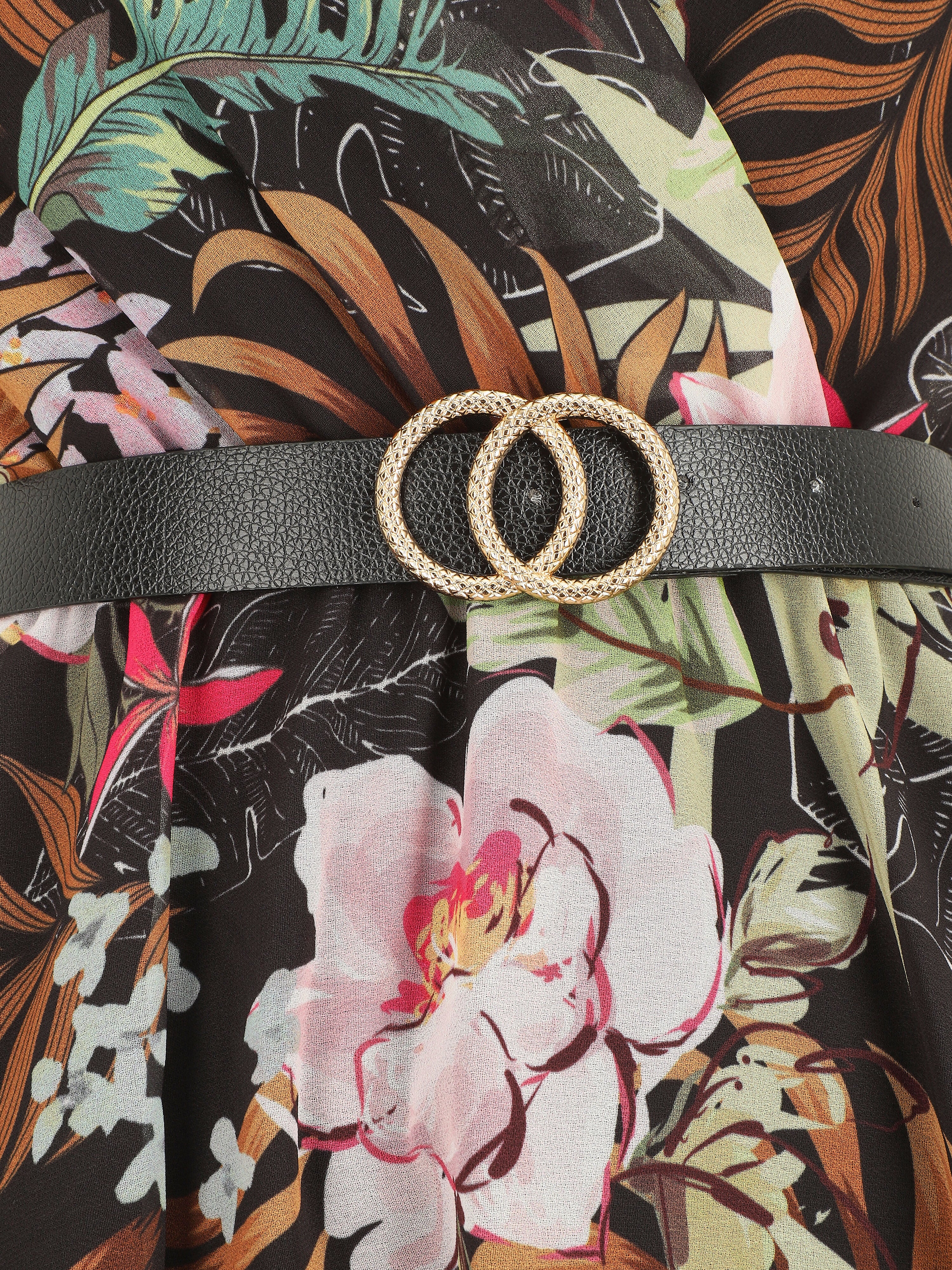 Robe évasée manches courtes imprimé fleurs tropicales - Noir - 3