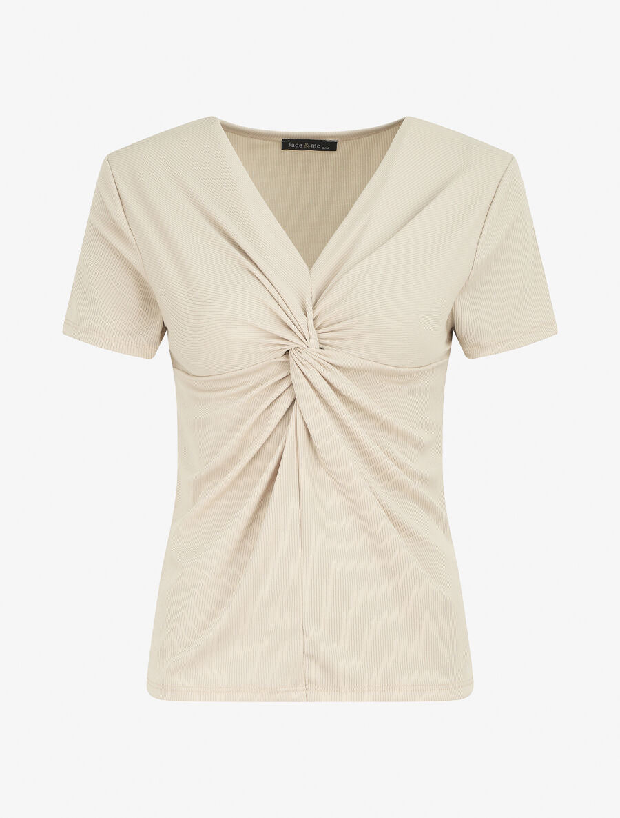 Top à col V froncé - Beige - 1