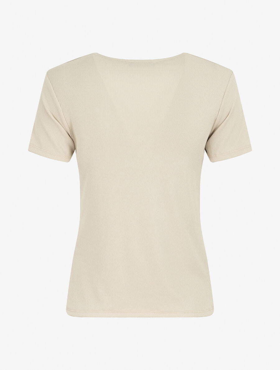 Top à col V froncé - Beige - 2
