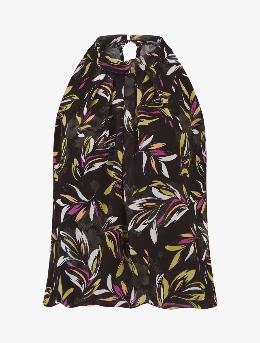 Top sans manches imprimé feuille à col américain - Noir - 1