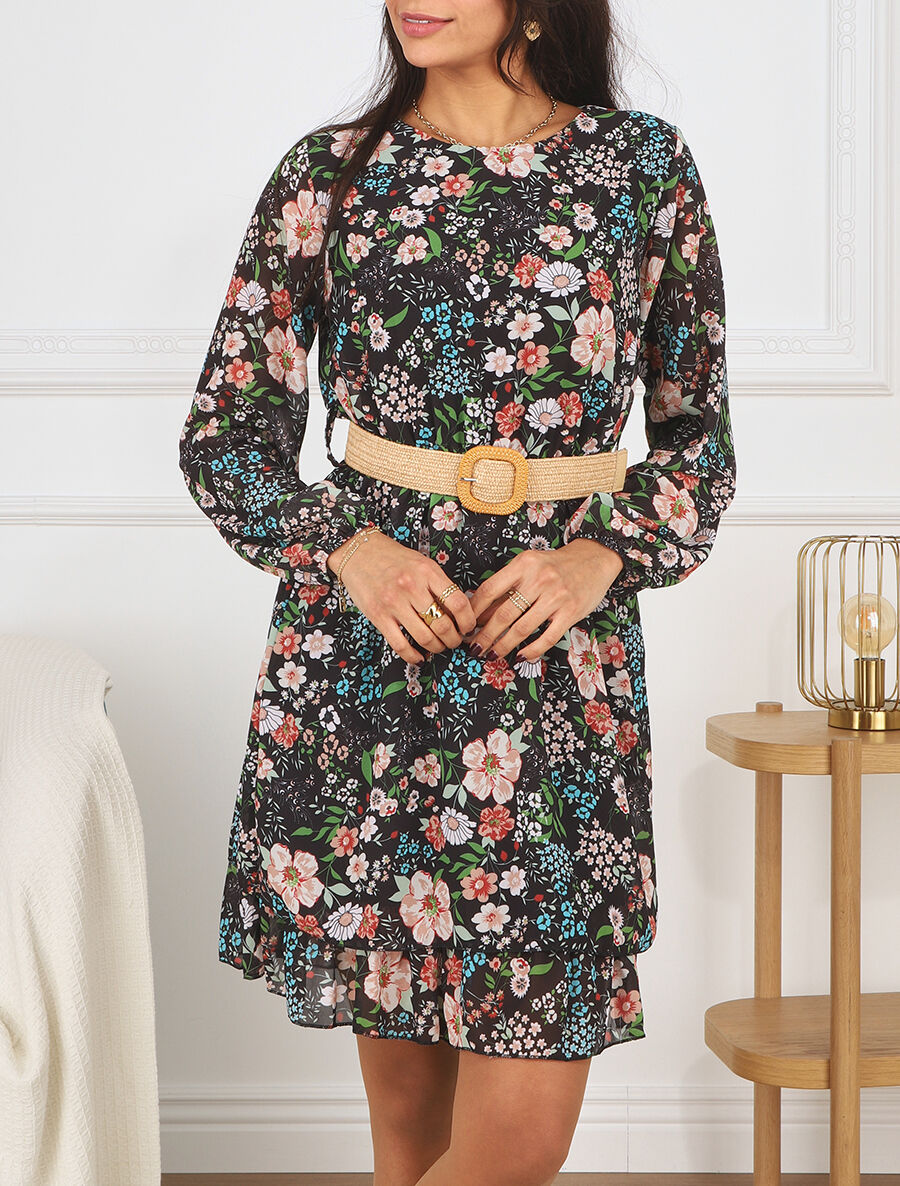 Robe imprimé fleuri à taille élastiquée - Noir - 4