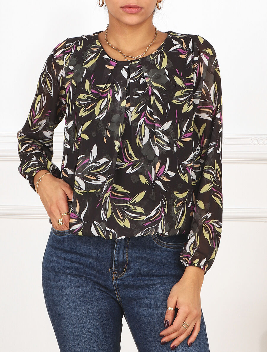 Blouse en voile coupe boule imprimé feuilles - Noir - 4