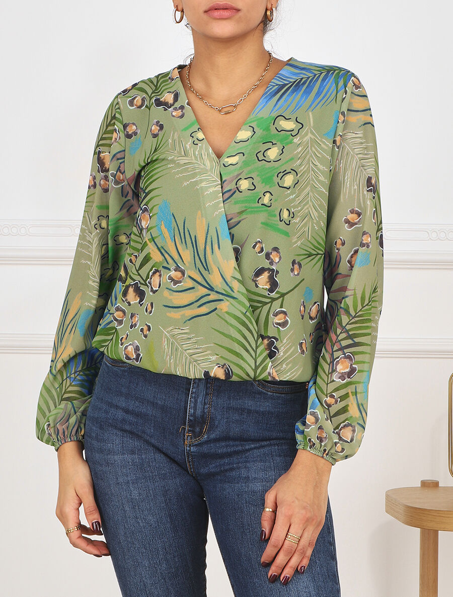 Blouse en voile imprimé tropical - Kaki - 4
