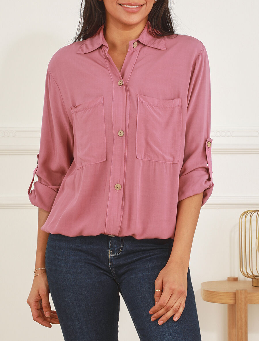 Chemise élastiquée unie manches longues - Vieux rose - 4