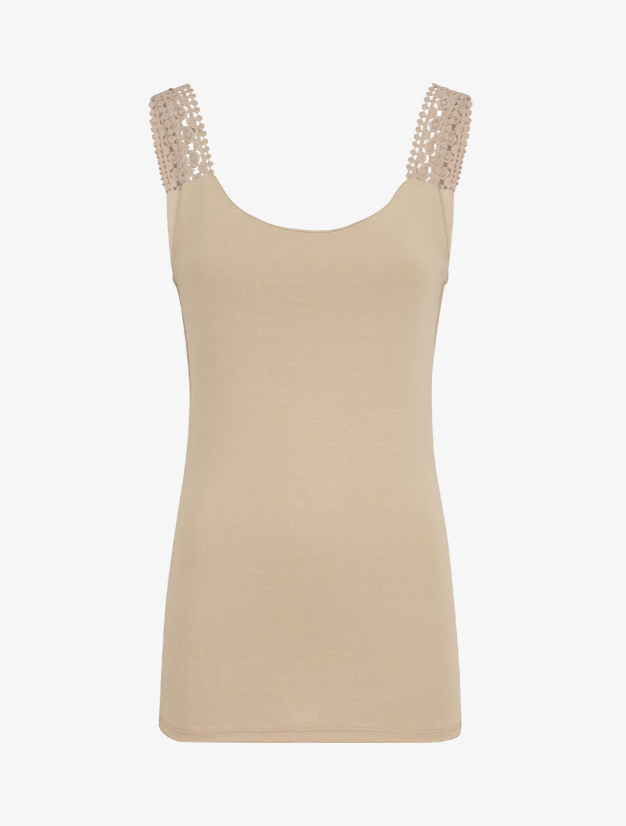Débardeur coupe droite à bretelles en crochet - Beige - 1
