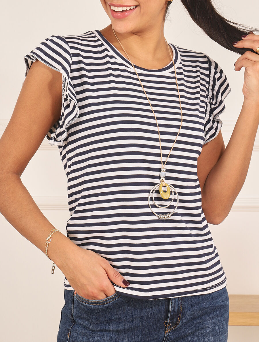 Top droit à rayures et sautoir - Bleu nuit - 4