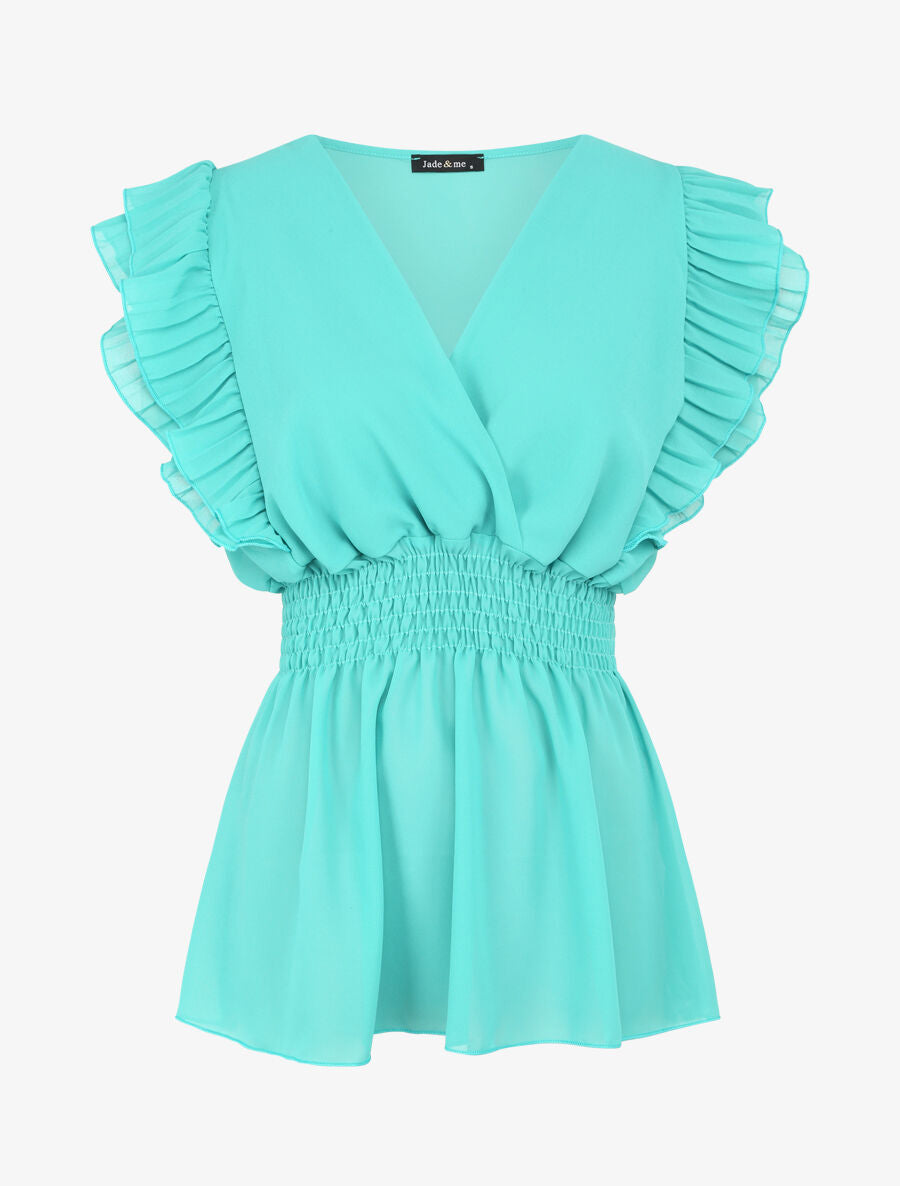 Top en voile à épaules volantées - Turquoise - 4