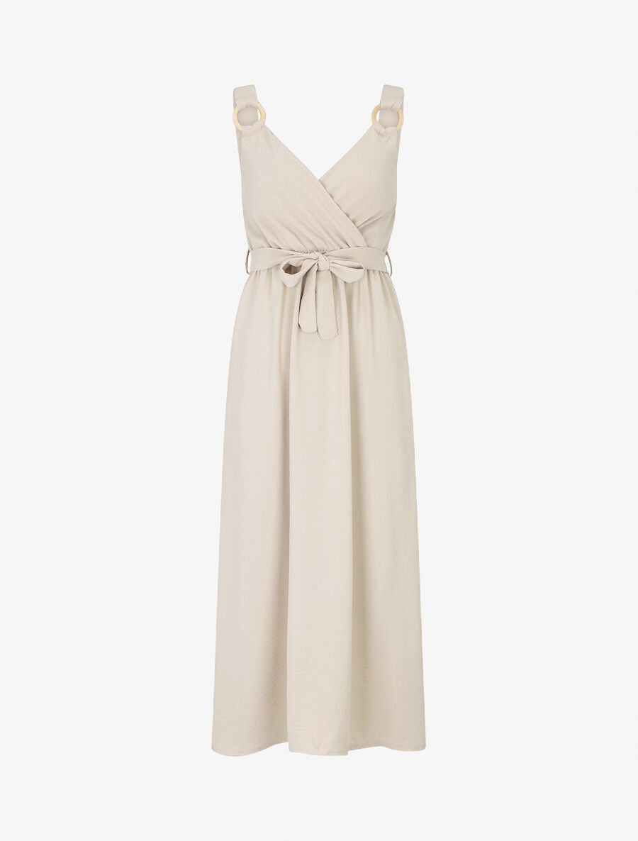 Robe longue élastiquée à bretelles avec anneaux - Beige - 1