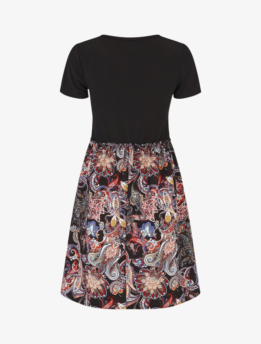 Robe évasée manches courtes imprimé cachemire - Noir - 2
