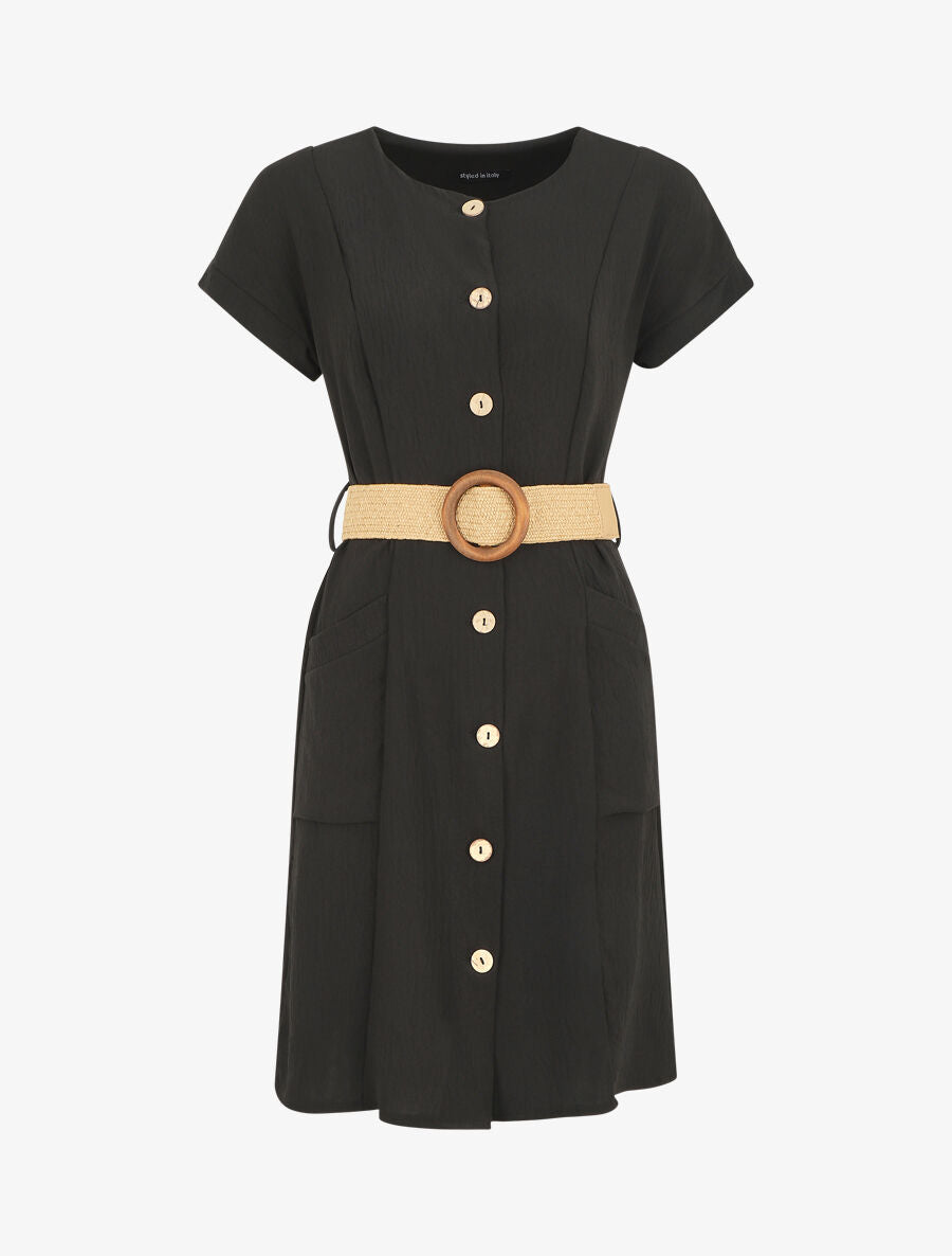 Robe courte unie boutonnée à manches courtes - Noir - 4