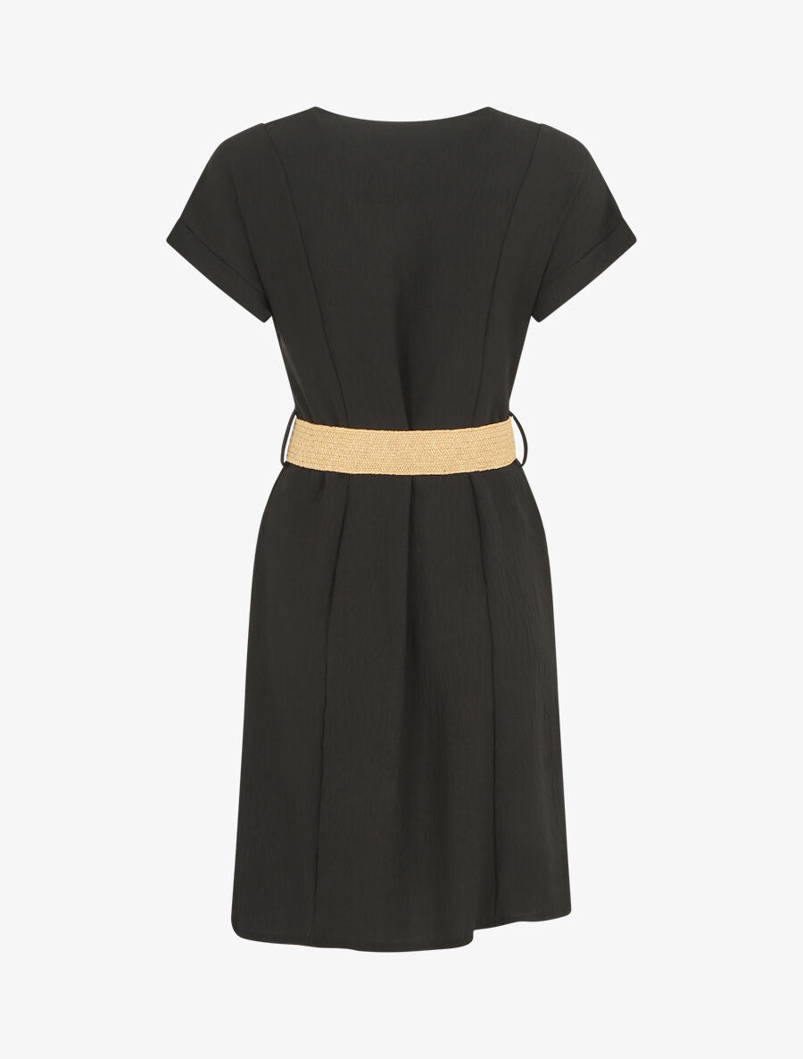 Robe courte unie boutonnée à manches courtes - Noir - 2