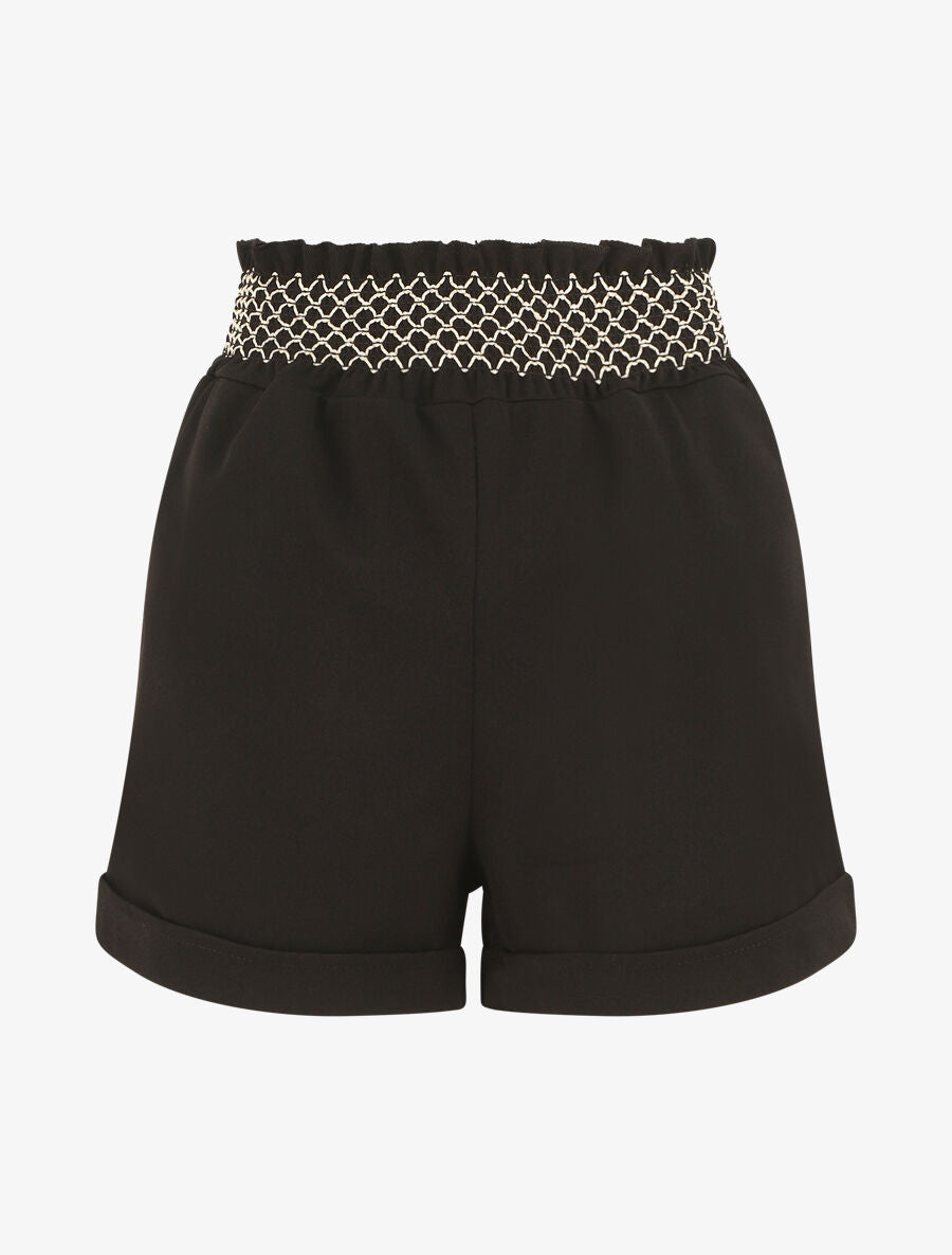 Short à taille élastiquée et à revers - Noir - 1