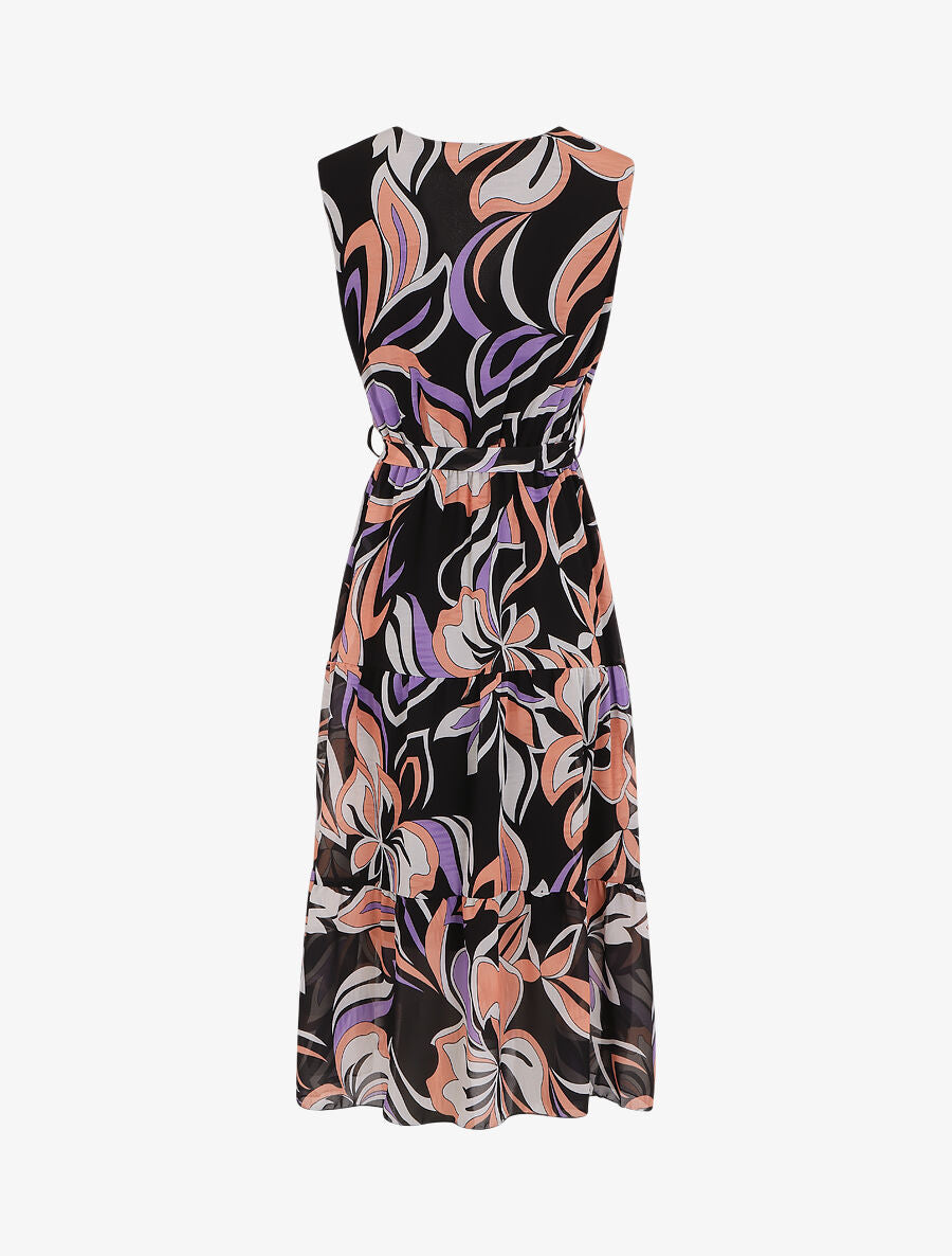 Robe fleurie évasée longue sans manches - Noir/violet - 2
