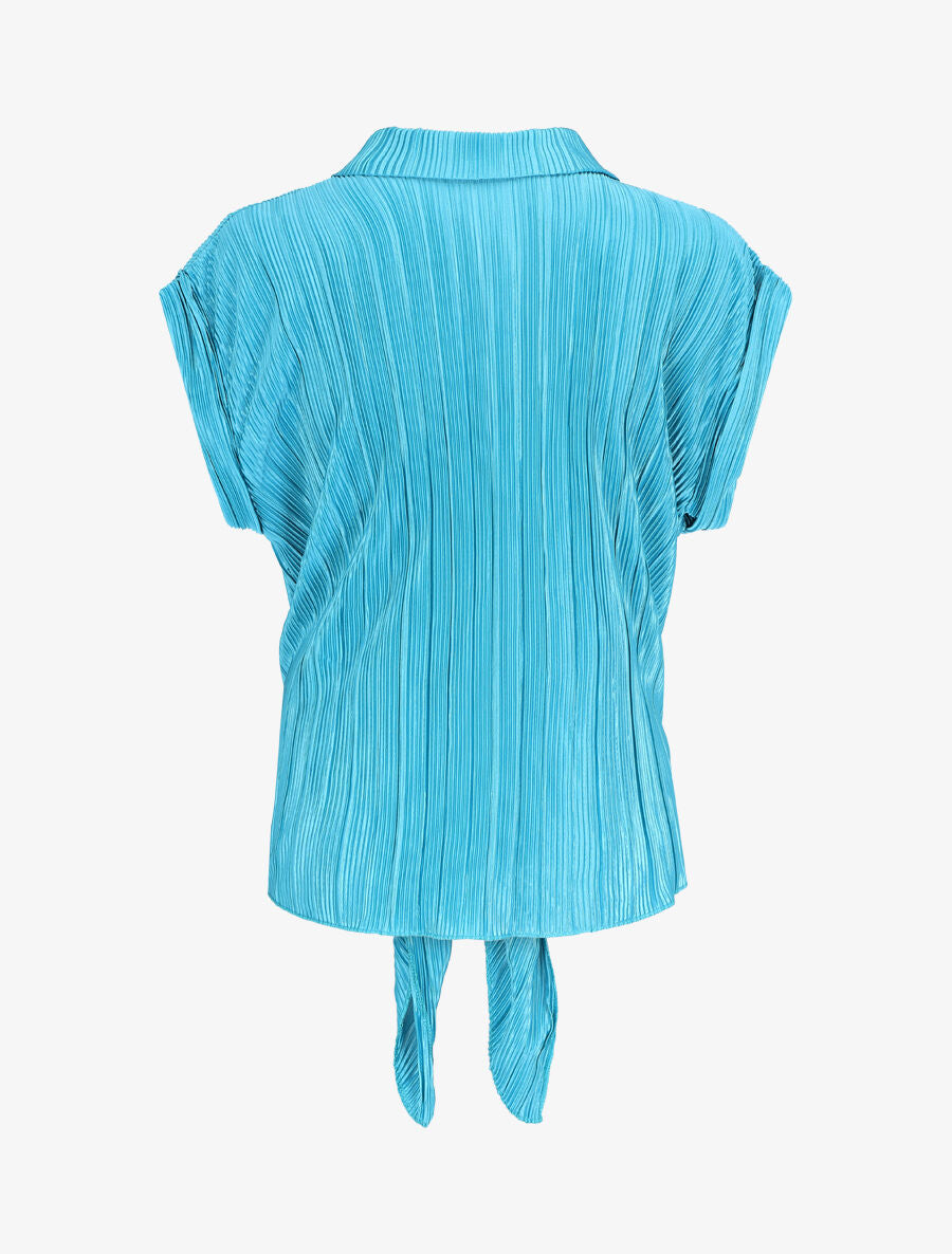 Chemise plissée à noeud et manches courtes - Turquoise - 2