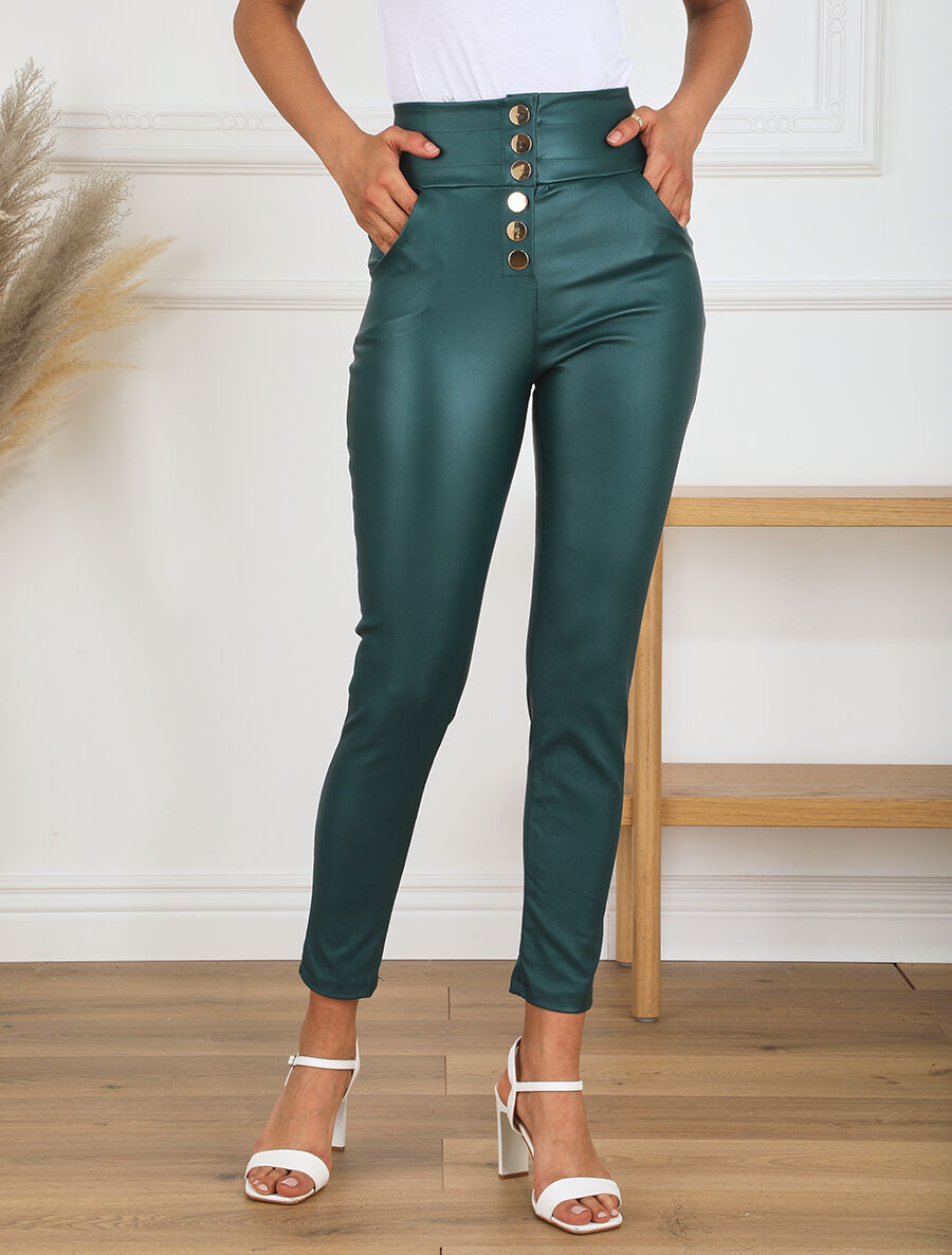 Pantalon ciré slim taille haute - Vert foncé - 4