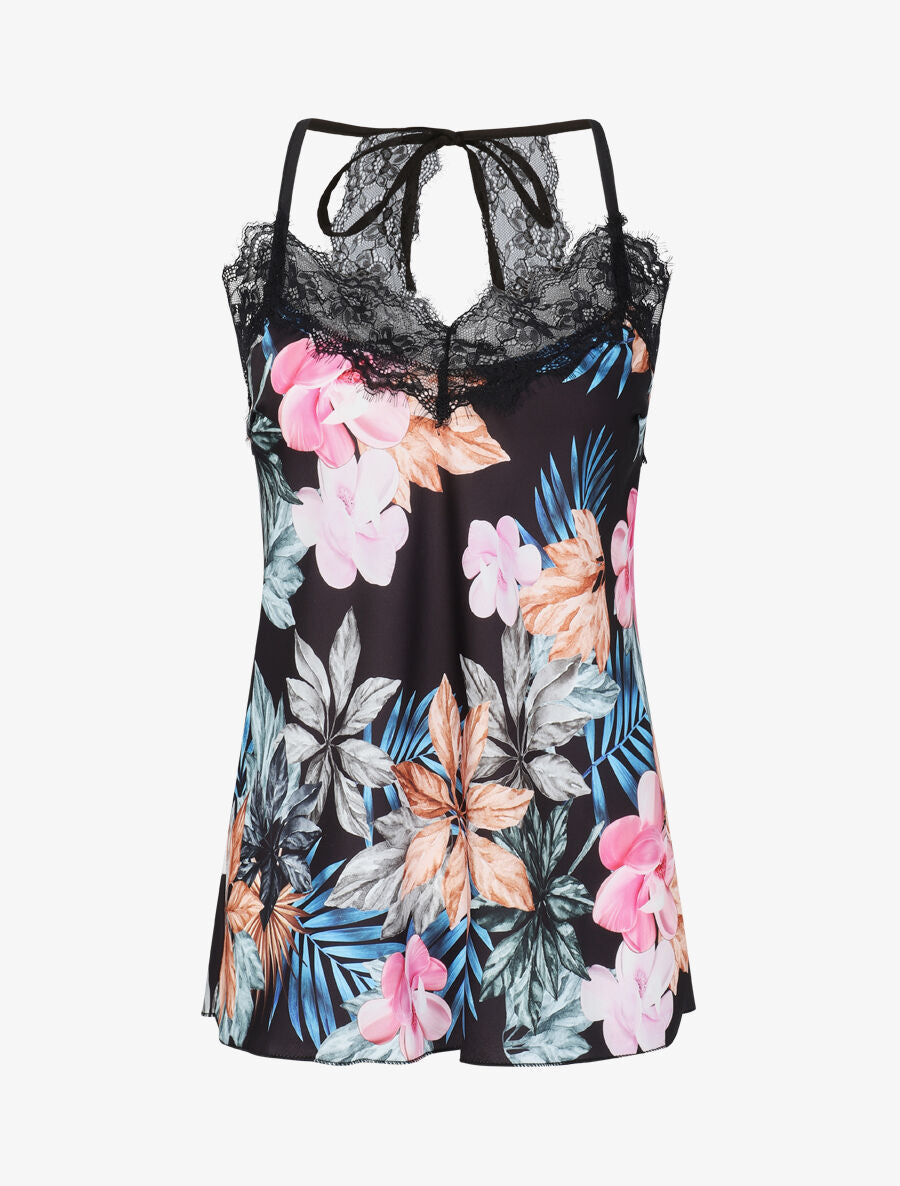 Caraco satiné imprimé plantes tropicales à dentelle et dos nageur - Noir - 1