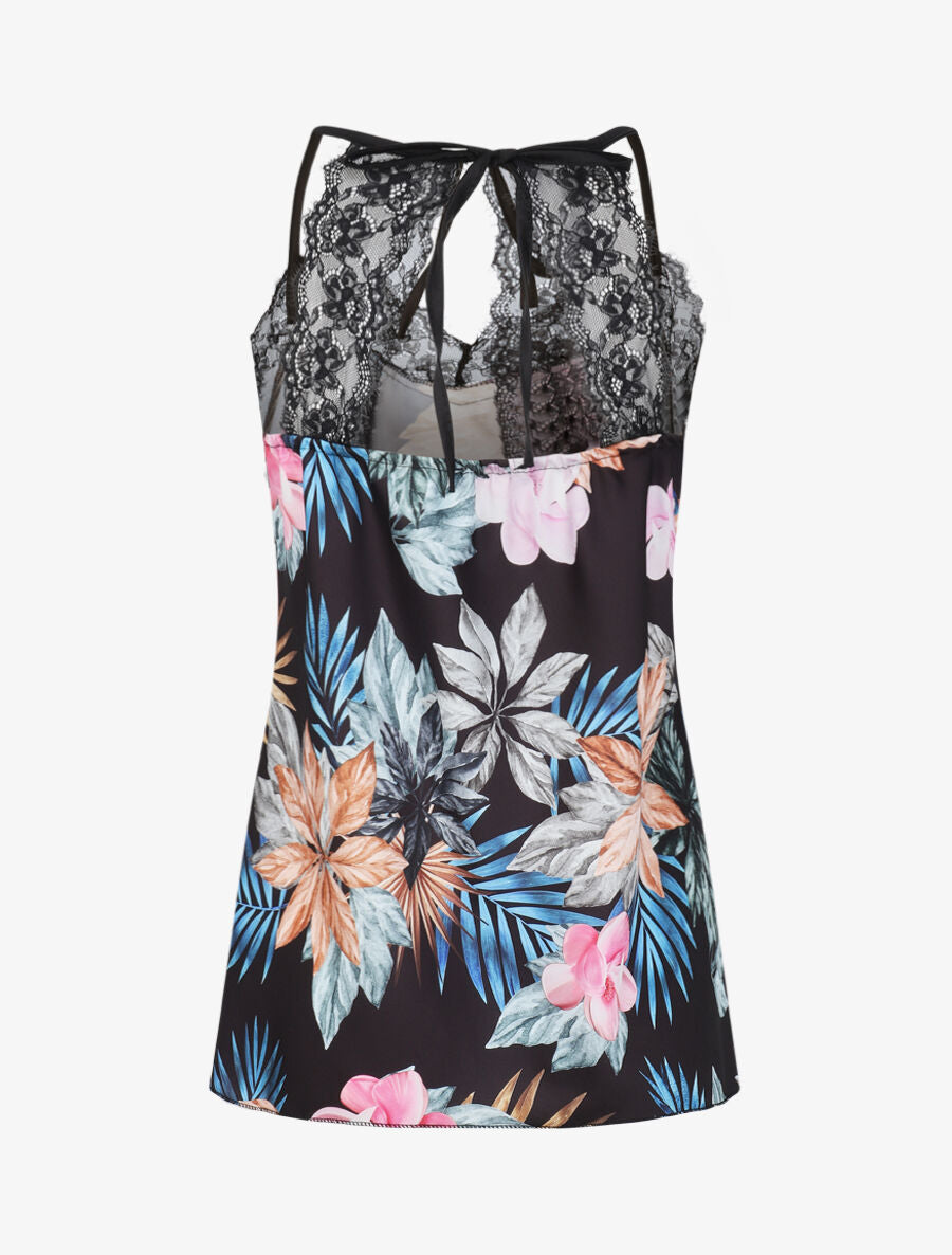 Caraco satiné imprimé plantes tropicales à dentelle et dos nageur - Noir - 2