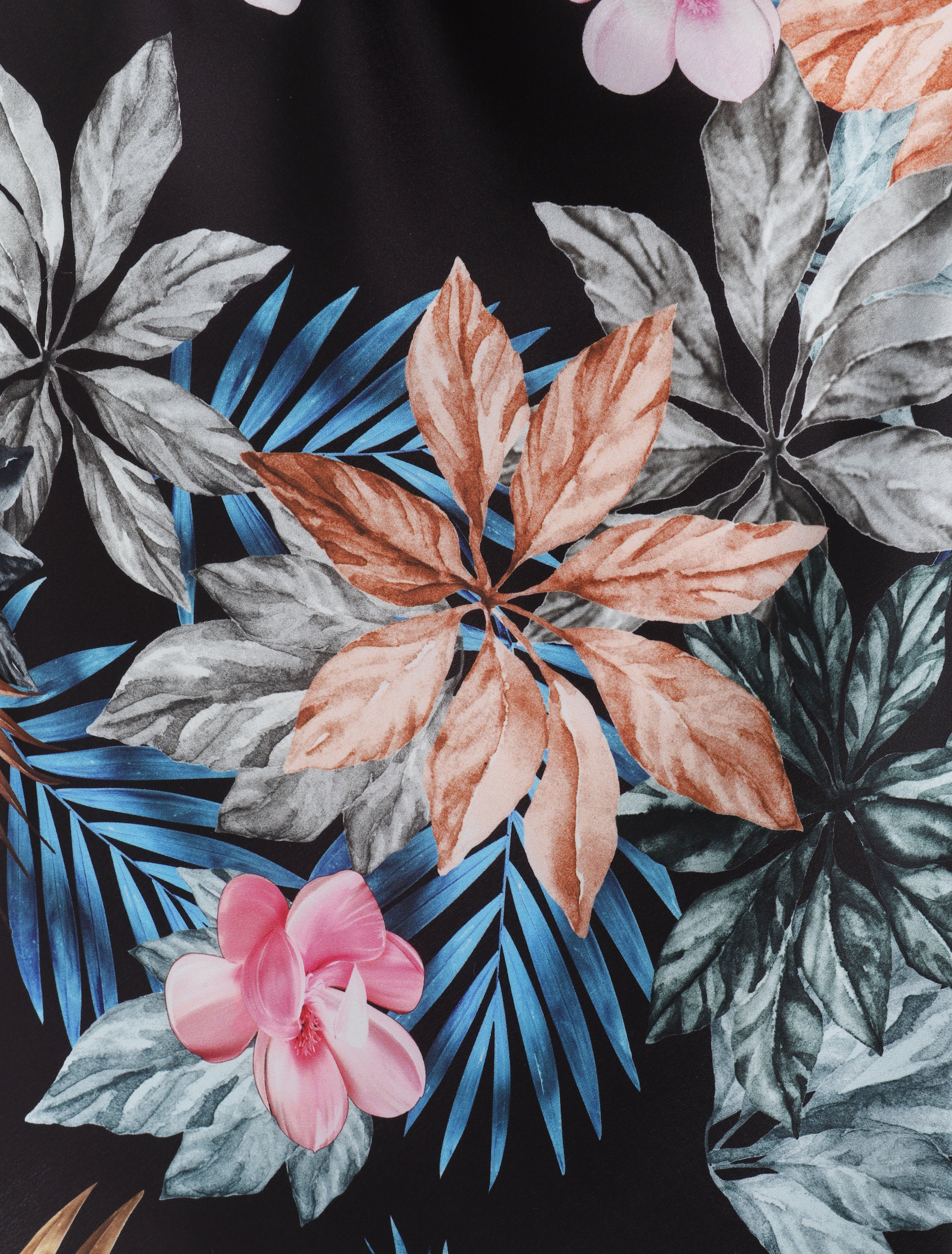 Caraco satiné imprimé plantes tropicales à dentelle et dos nageur - Noir - 3